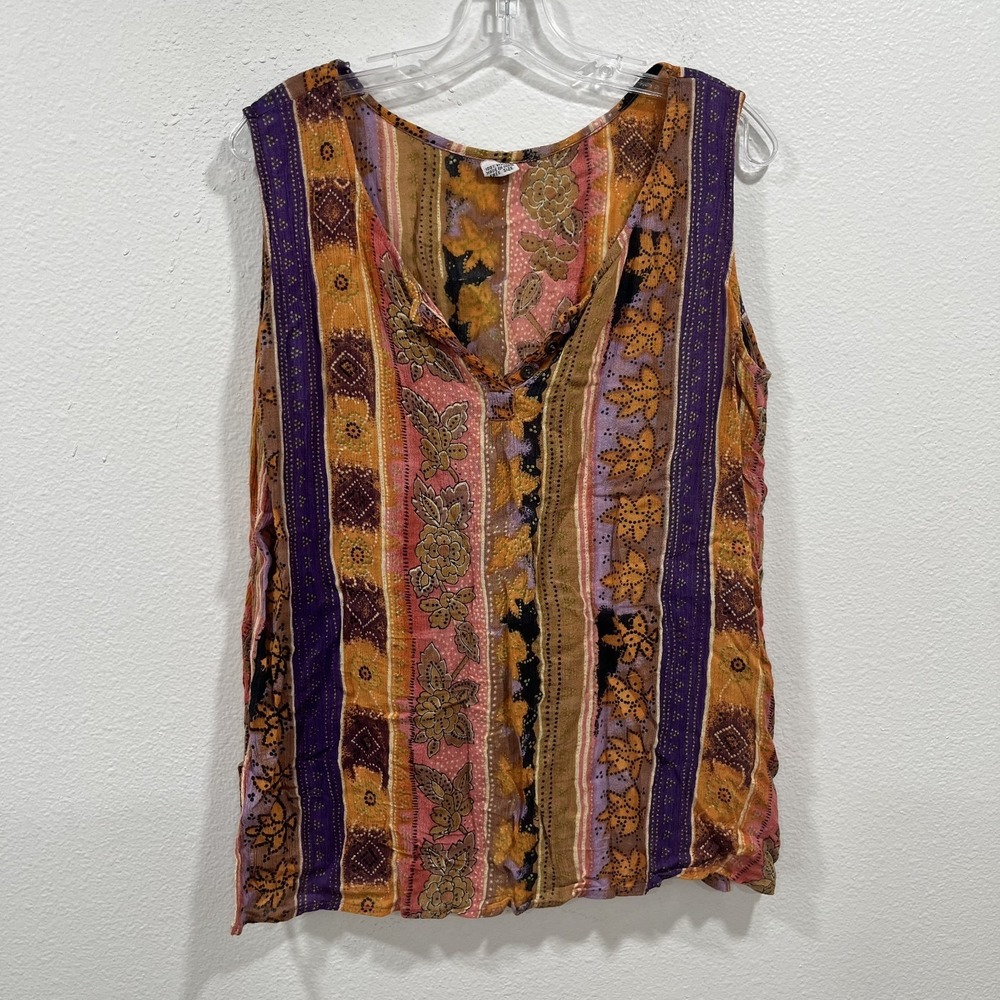 Y2K 100% Viscose Hippie Boho‎ Tank Brown Pink Flowy Abstract Vintage Womens Top